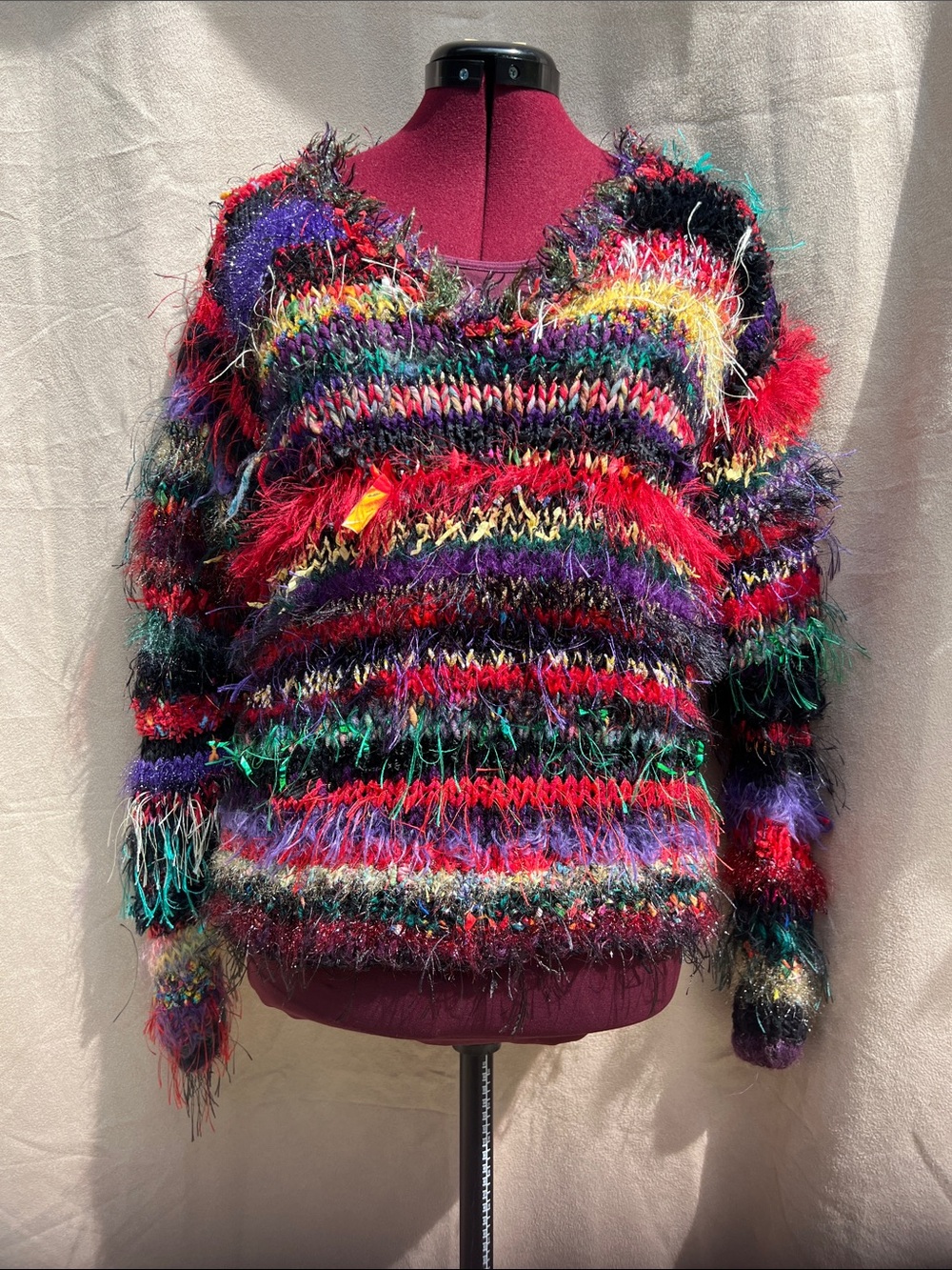 Handmade Multicolor Textured Art Knit Sweater Fuzzy Fringe Pullover Size S-M